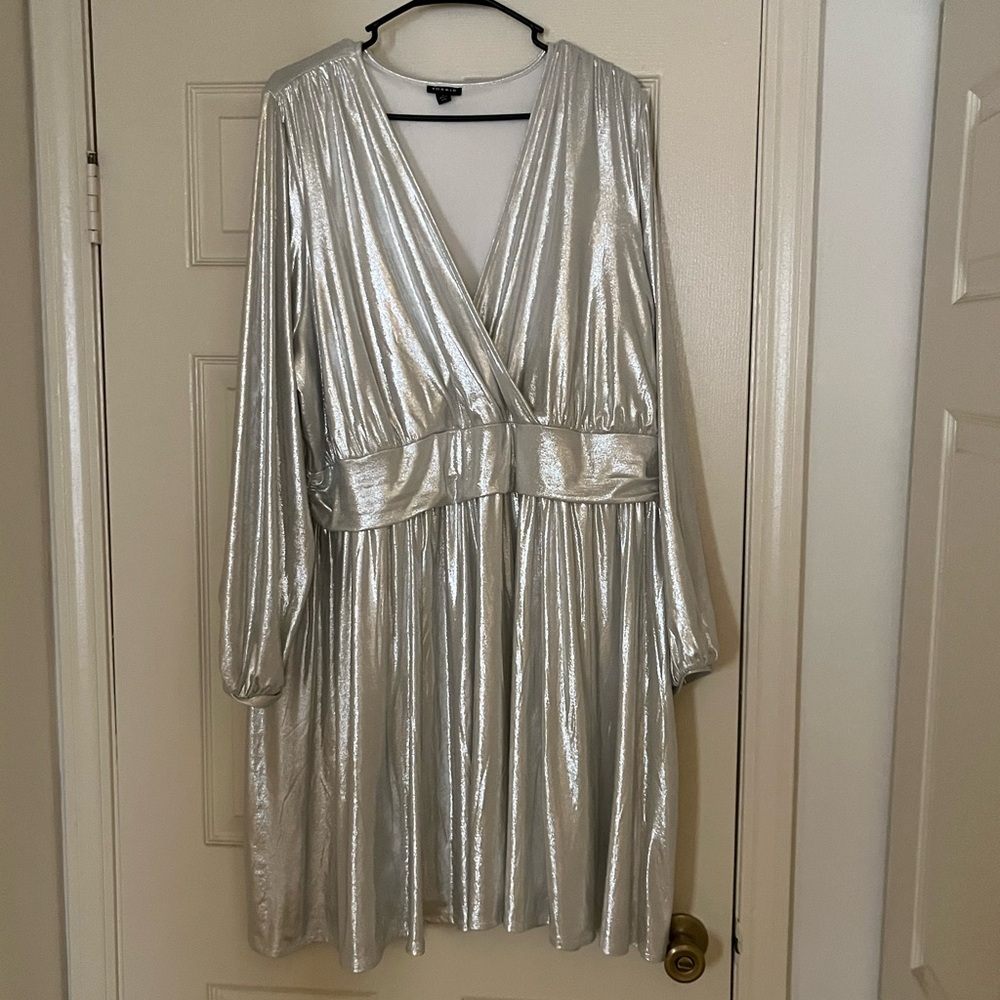torrid Metallic Silver Long Sleeve Wrap Dress